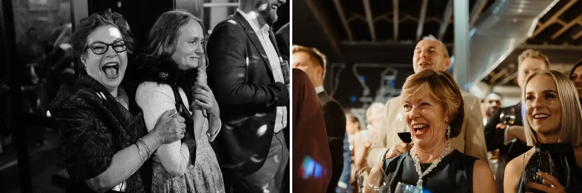 Guests laughing at the reception, two frames, black and white, Redfern