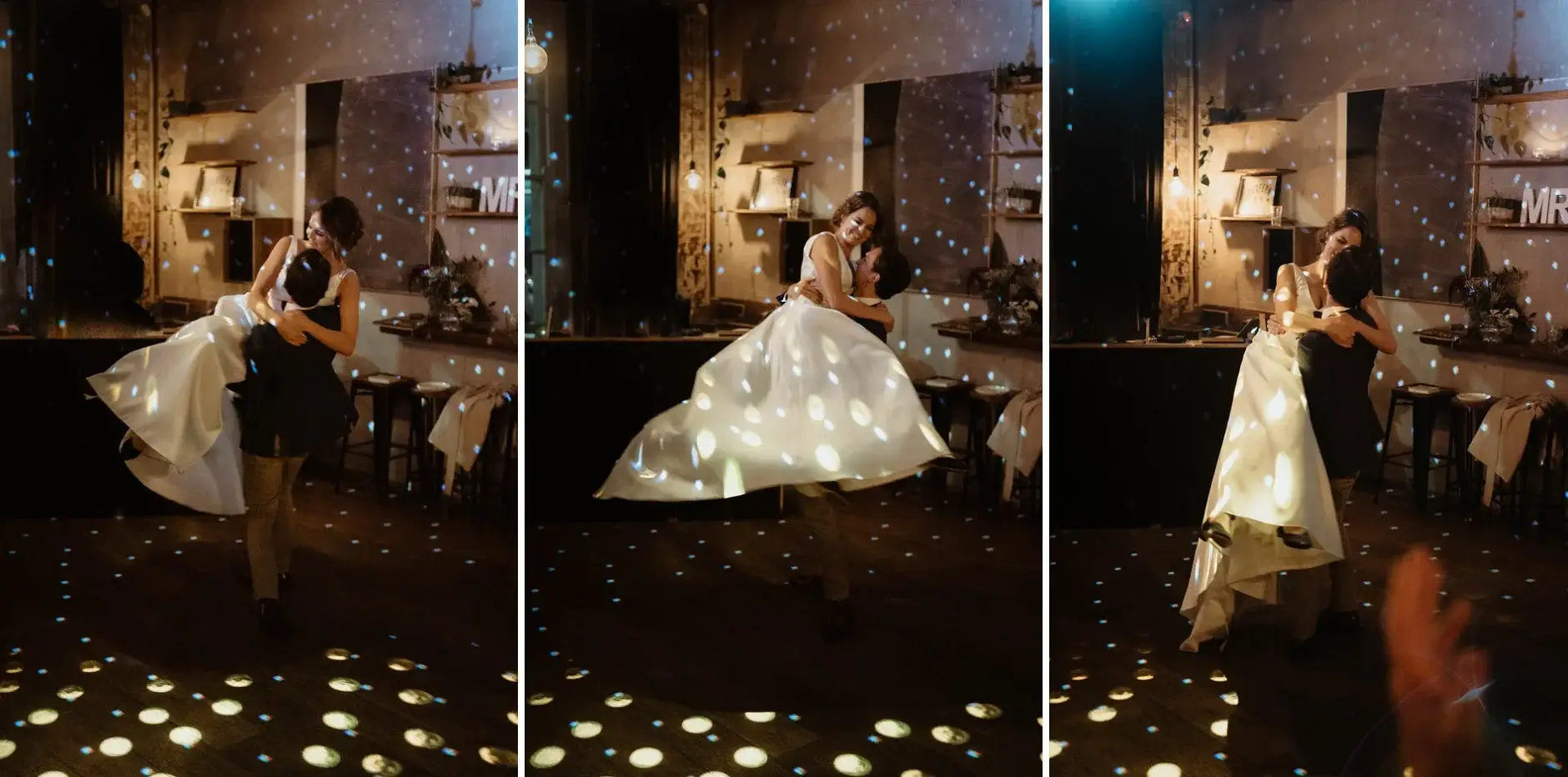 Kath dancing on the confetti-lit floor, three frames, Redfern