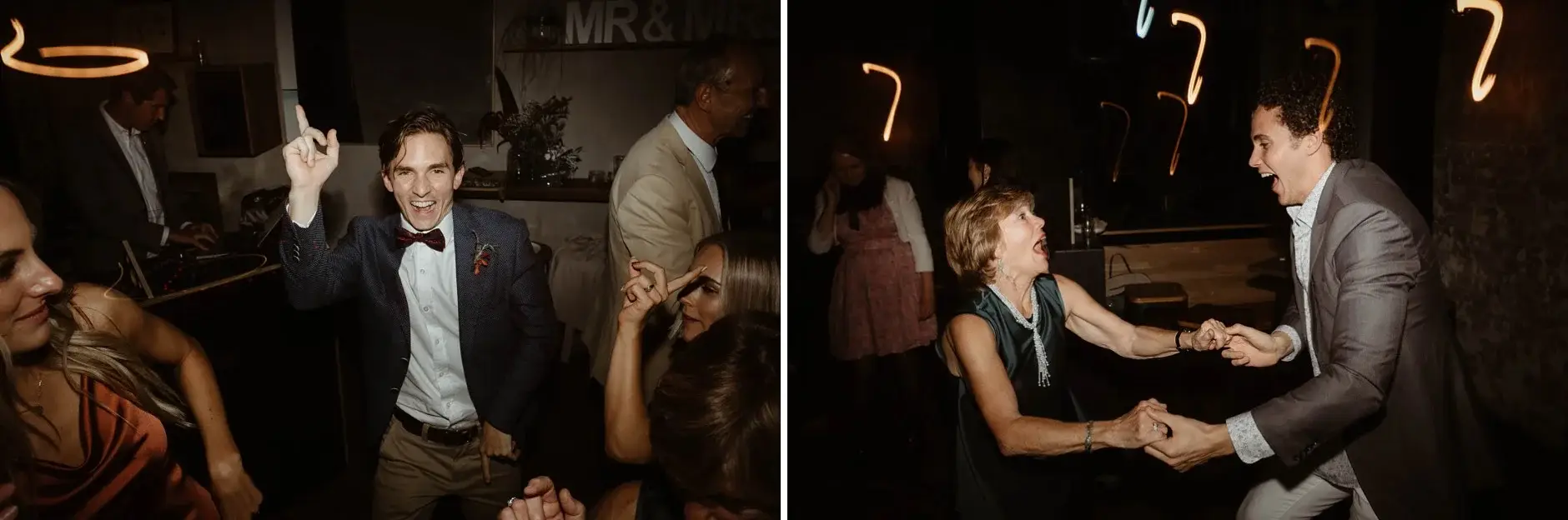 Guests dancing under the lights, two frames, Redfern