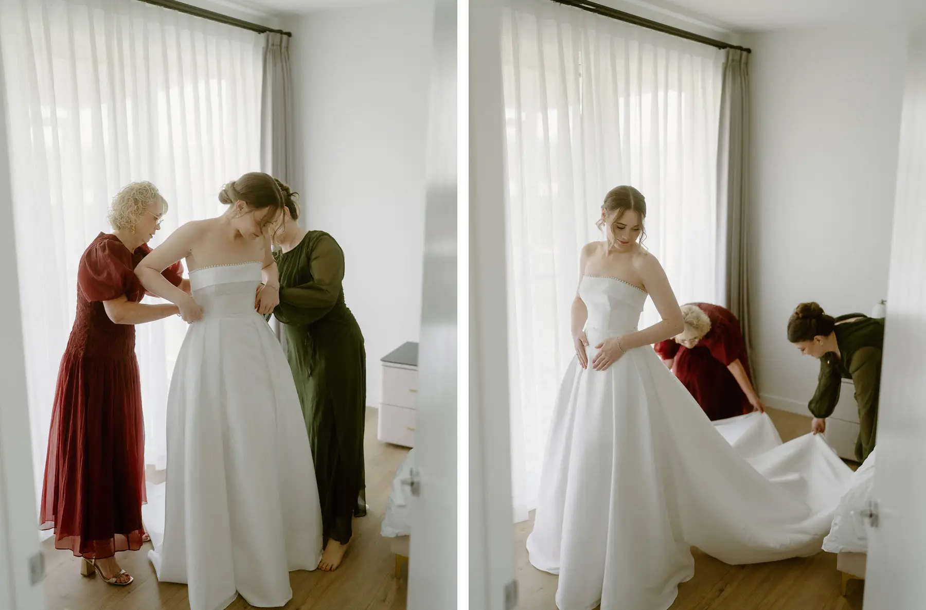 Nicole's mother fastening the back of her gown while a bridesmaid steadies the skirt, Kooroomba Vineyard and Lavender Farm