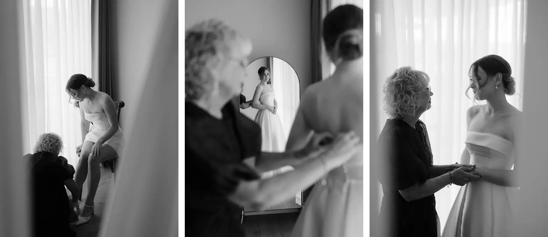 Nicole and her mother at the window in black and white, reading something together before the ceremony, Kooroomba Vineyard and Lavender Farm