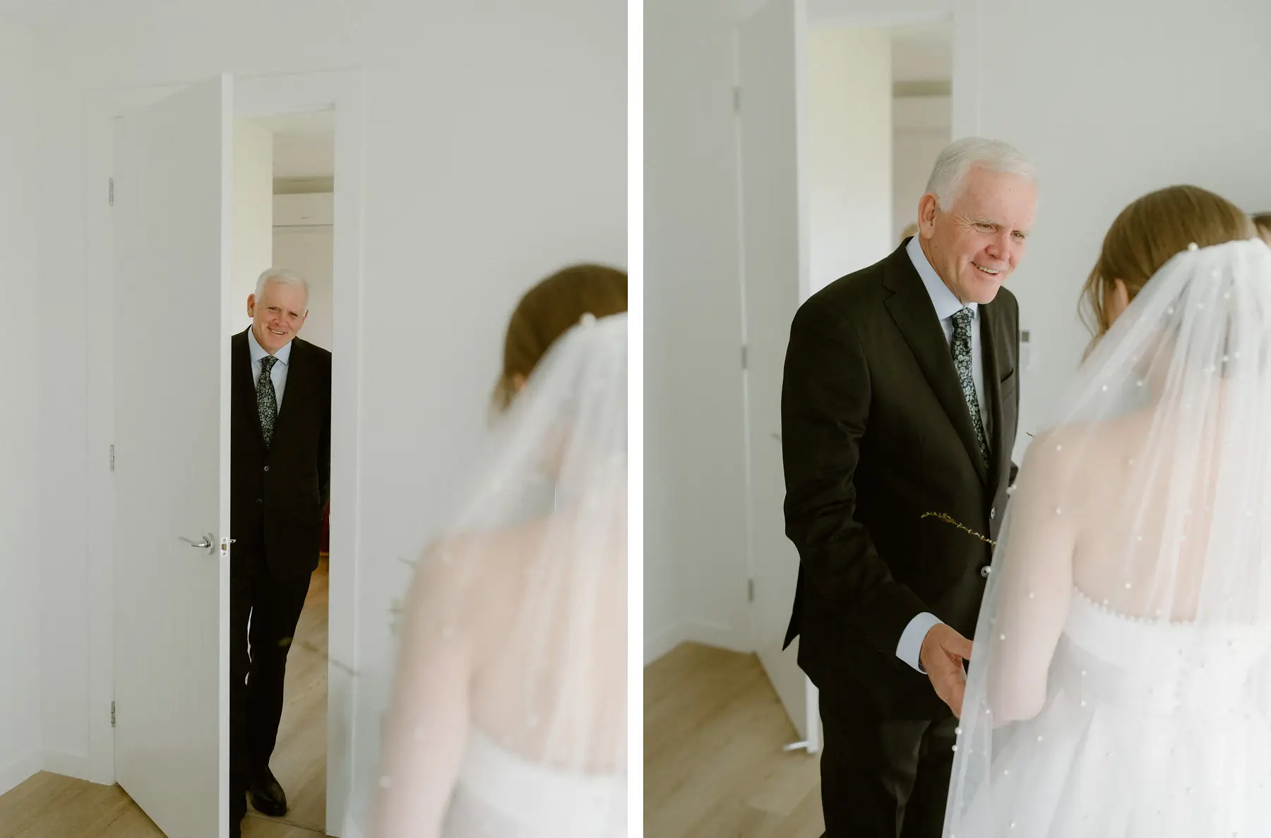 Nicole's father in the doorway, then the two of them face to face for the first look, Kooroomba Vineyard and Lavender Farm