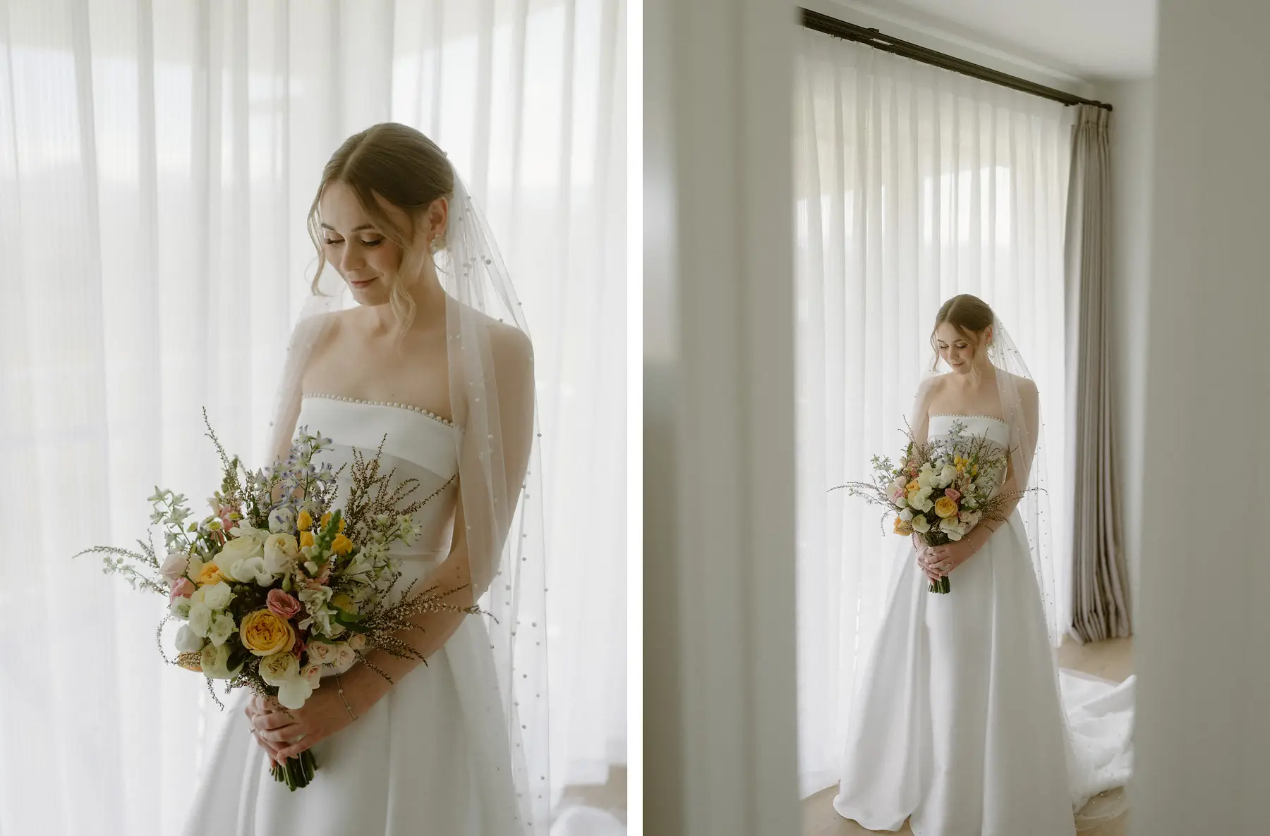 Nicole with her wildflower bouquet and veil, looking down, in the curtain light, Kooroomba Vineyard and Lavender Farm