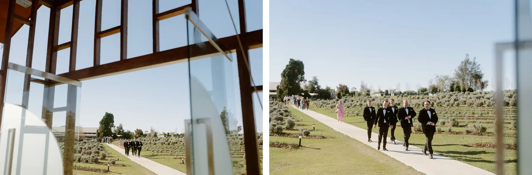 The vineyard seen through the chapel framing, and the groomsmen walking up the path to the ceremony, Kooroomba Vineyard and Lavender Farm