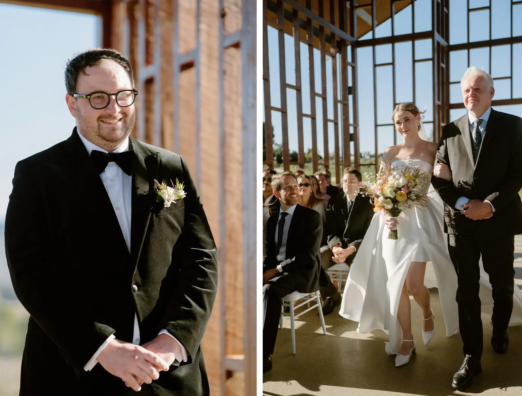 Ryan waiting at the altar, and Nicole walking in with her father and her bouquet, Kooroomba Vineyard and Lavender Farm