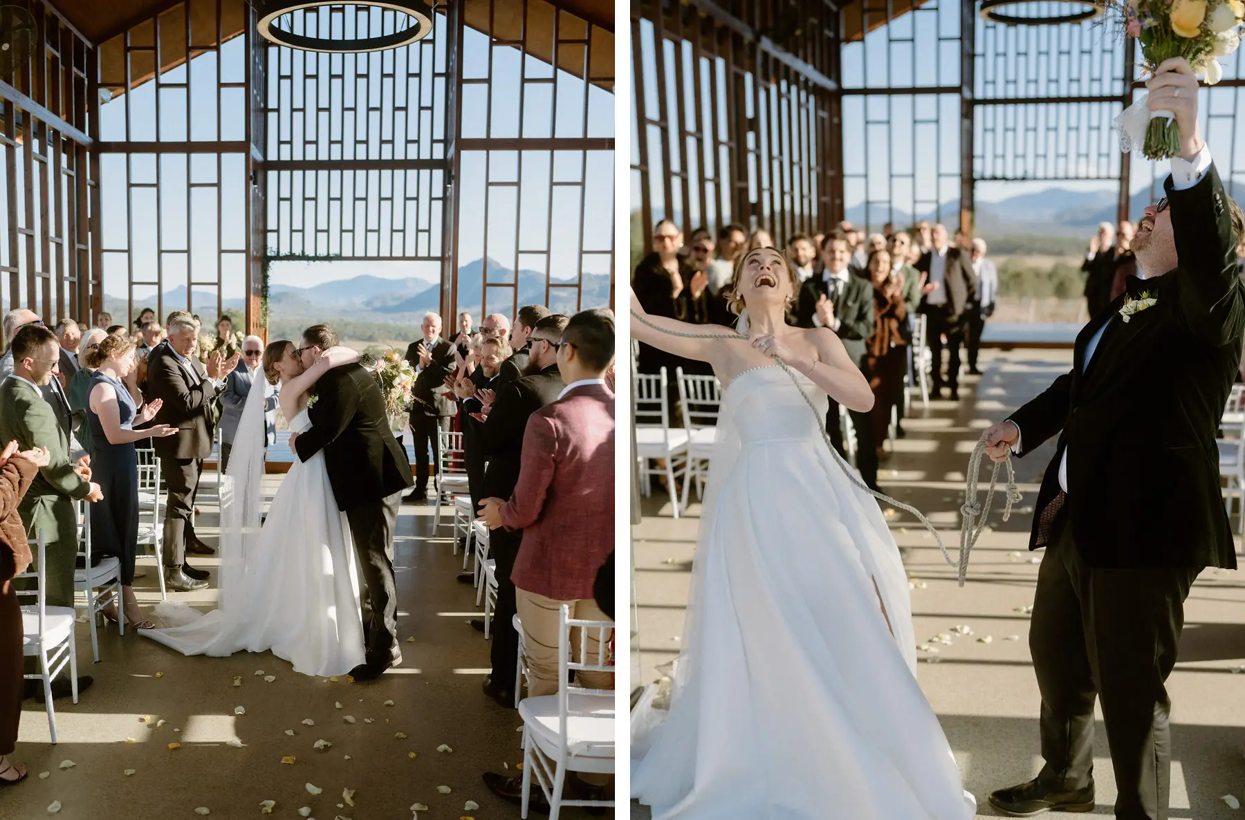 The recessional through the cheering guests, and Nicole with her arms in the air, Kooroomba Vineyard and Lavender Farm