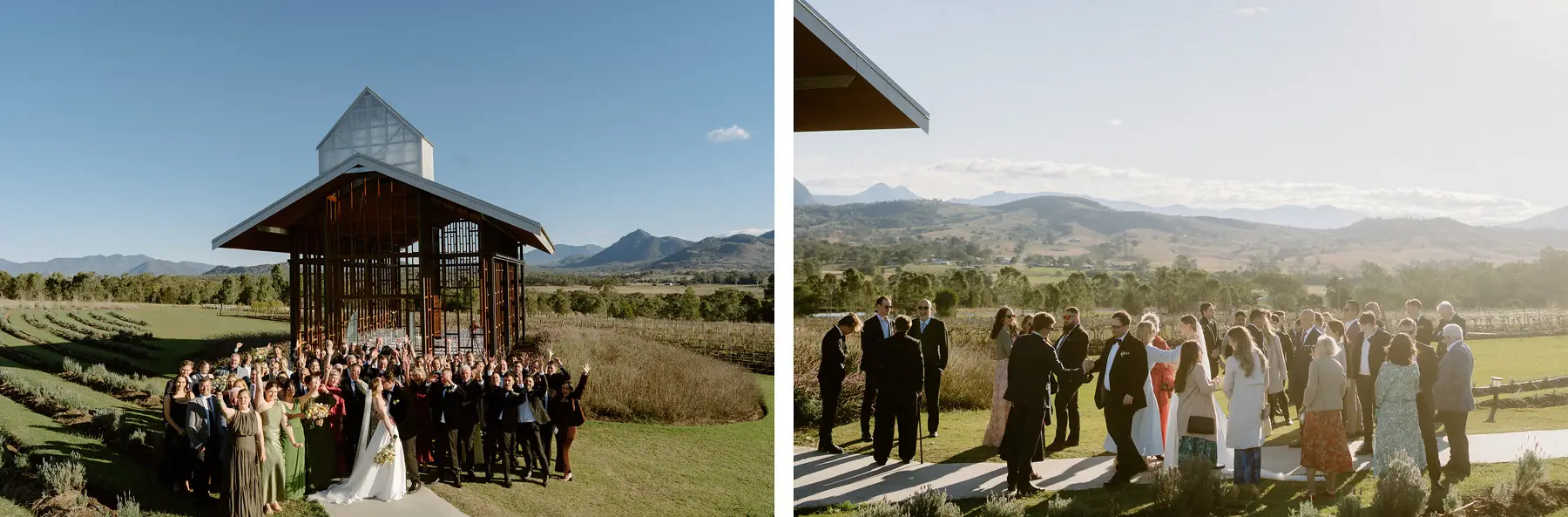 The full group photograph in front of the chapel, and guests making their way back down the hill, Kooroomba Vineyard and Lavender Farm