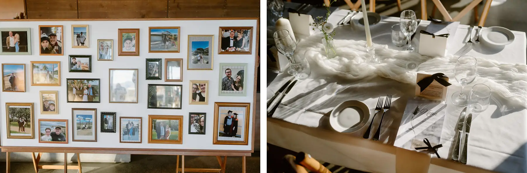 A board of framed family photographs on an easel, and the table setting with its gauze runner and black-tied napkins, Kooroomba Vineyard and Lavender Farm