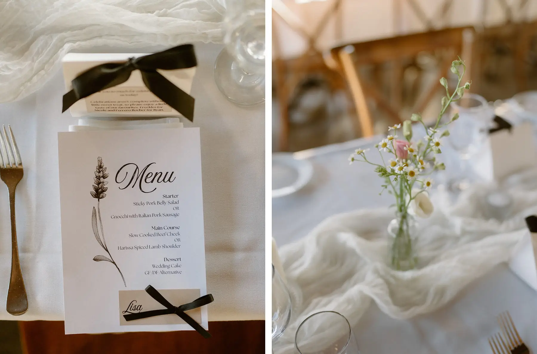 The menu card printed with a lavender sprig and tied with black ribbon, and a bud vase of wildflowers on the gauze runner, Kooroomba Vineyard and Lavender Farm