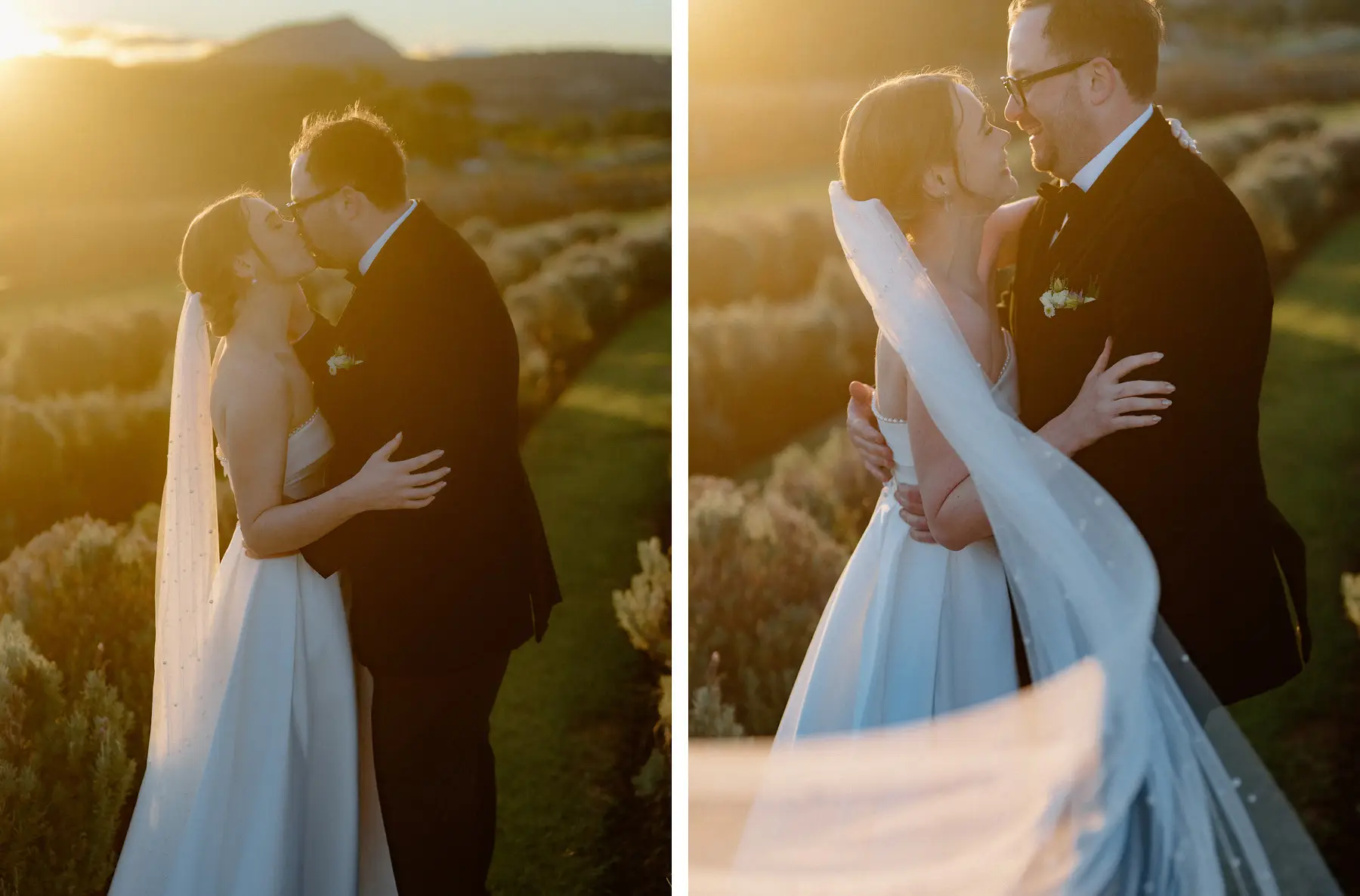 Nicole and Ryan holding each other, backlit by the sun going down behind the ridge, Kooroomba Vineyard and Lavender Farm