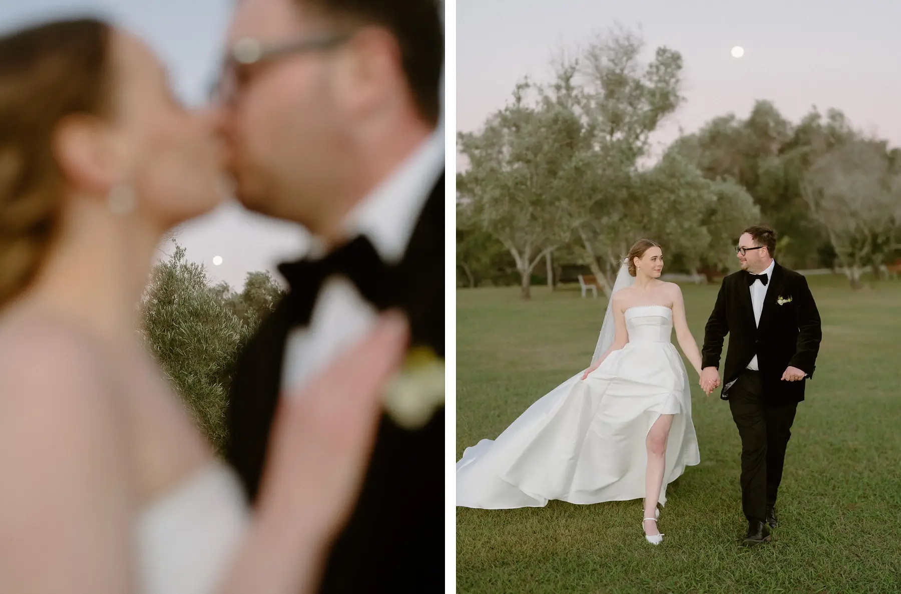 A close kiss, and the two of them walking back across the grass with the moon already up, Kooroomba Vineyard and Lavender Farm