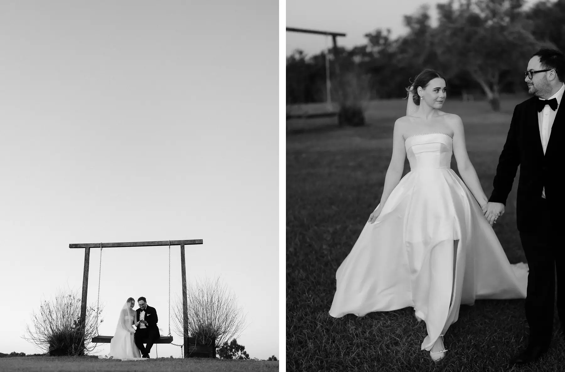 Nicole and Ryan sitting on the swing on the hill in black and white, and walking on together, Kooroomba Vineyard and Lavender Farm