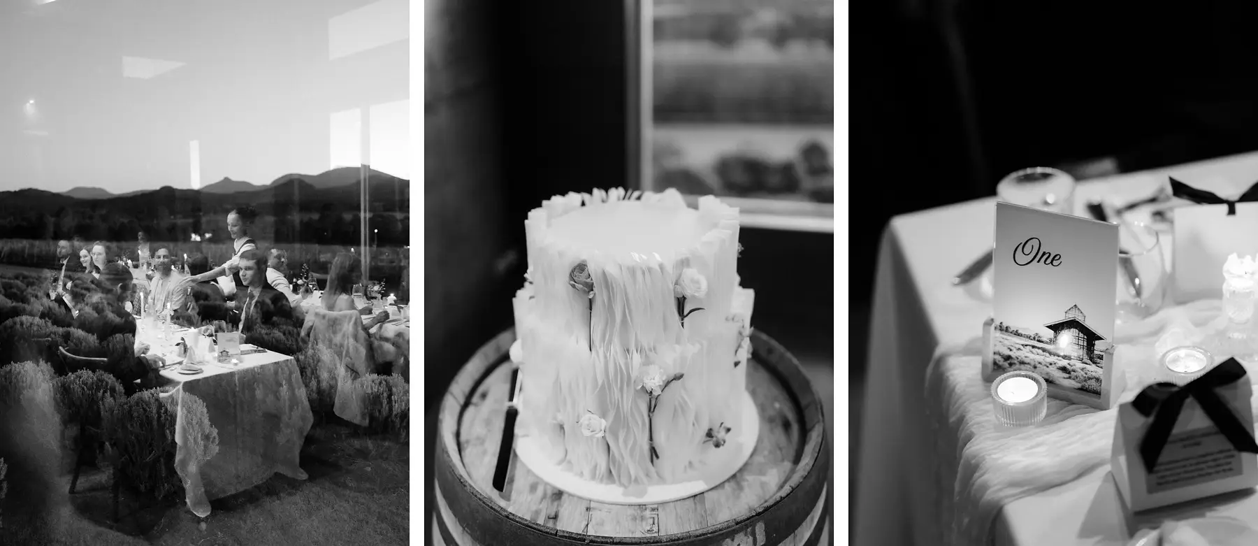 Three black and white frames: a table out in the lavender, the single-tier textured cake on a wine barrel, and a table number card beside a tealight, Kooroomba Vineyard and Lavender Farm