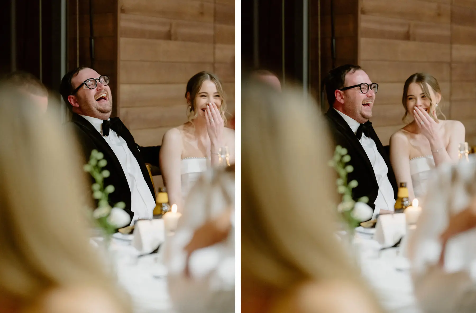 Ryan laughing and Nicole with a hand over her mouth during the speeches, Kooroomba Vineyard and Lavender Farm