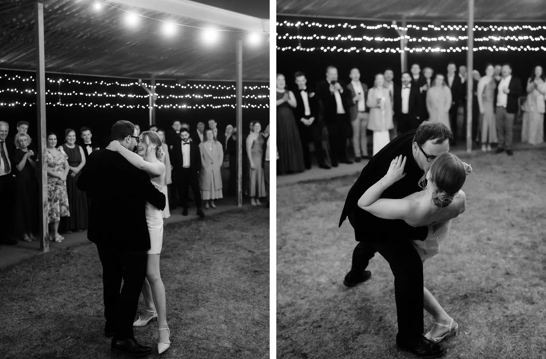 Two frames of the first dance, ending in a dip, in black and white, Kooroomba Vineyard and Lavender Farm