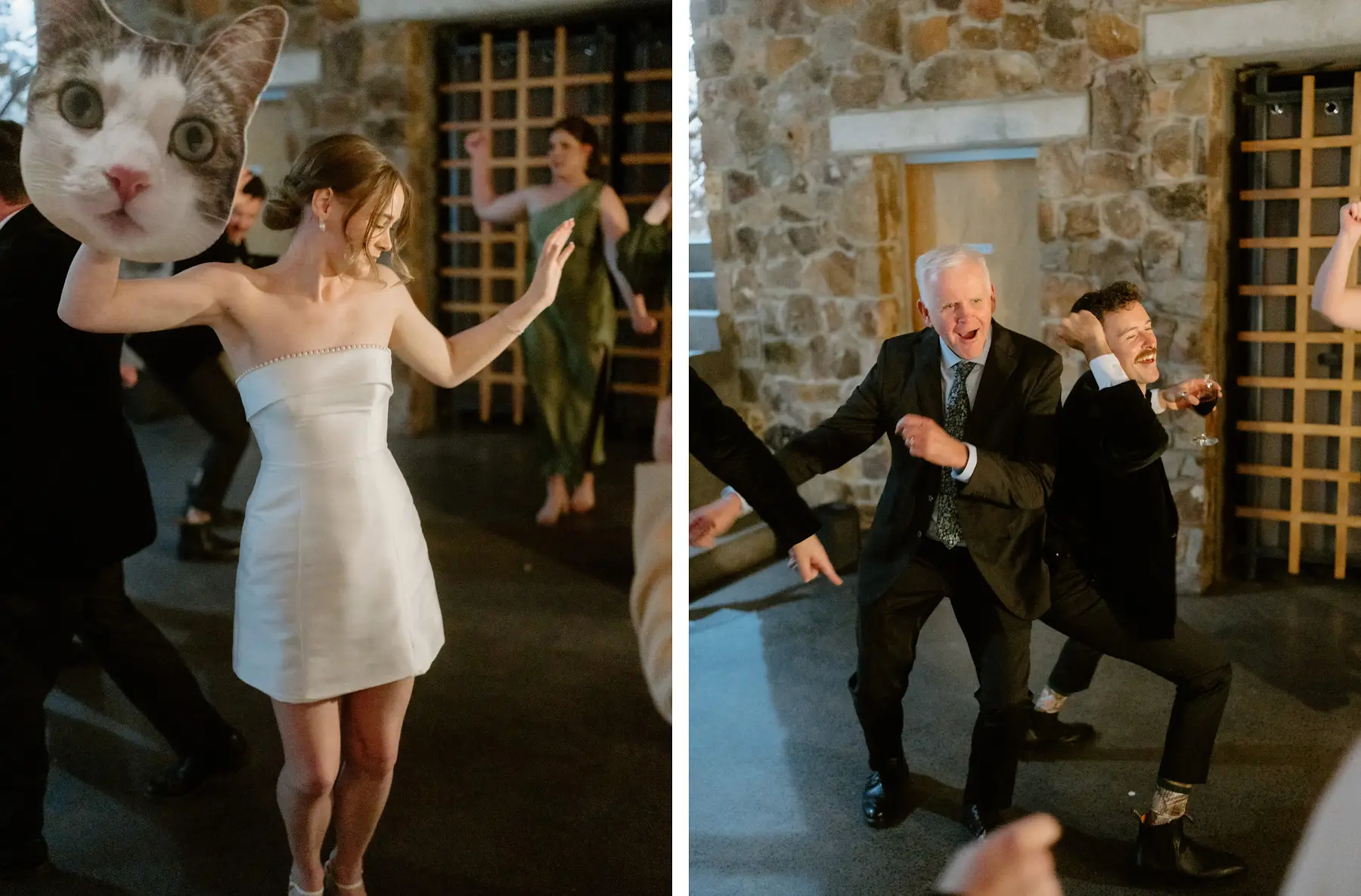 A guest in an oversized cat mask behind Nicole on the dance floor, and two of the older guests going for it by the stone wall, Kooroomba Vineyard and Lavender Farm