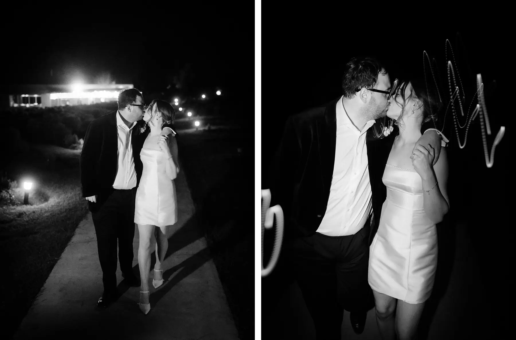 Walking out into the dark together, and a kiss caught on a long exposure, in black and white, Kooroomba Vineyard and Lavender Farm