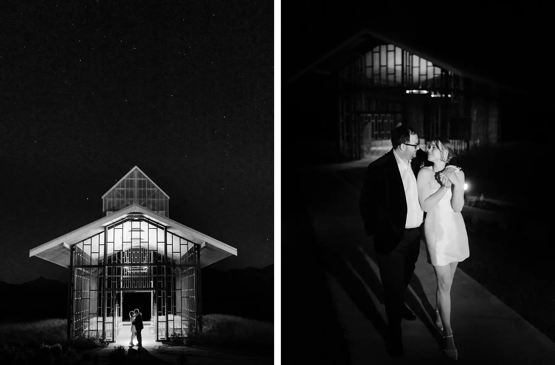 The chapel against the night sky, and Nicole and Ryan inside it in the dark, in black and white, Kooroomba Vineyard and Lavender Farm