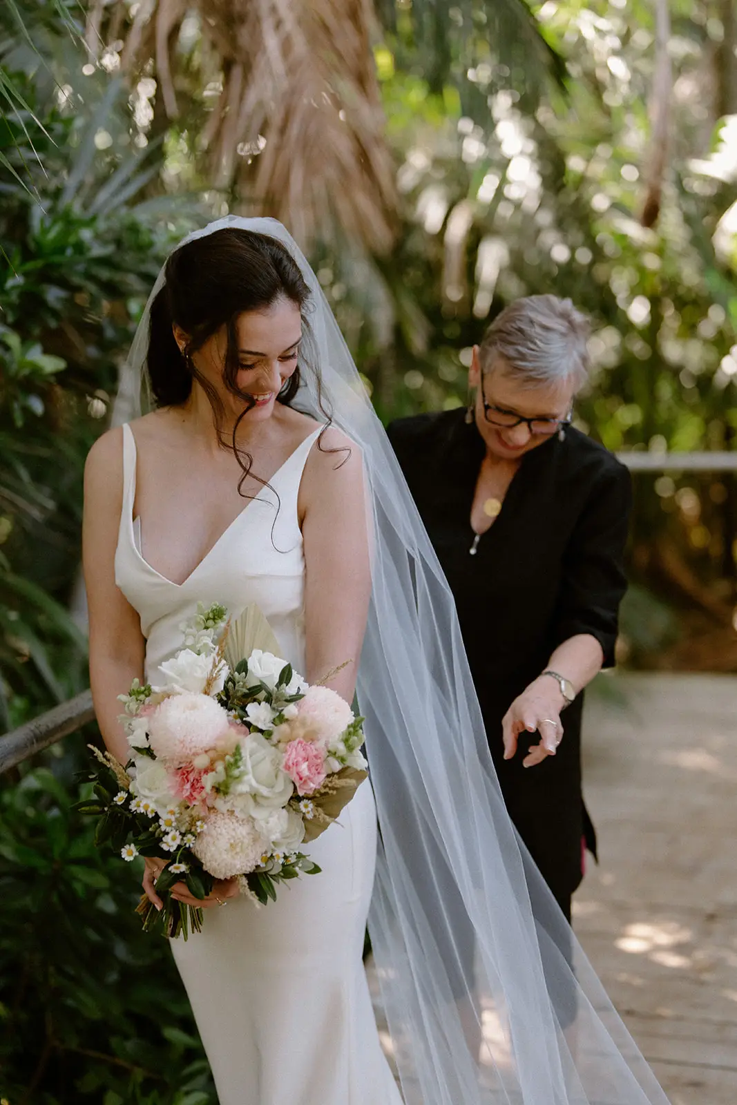 Mel with her veil and bouquet before the ceremony, Lord Howe Island