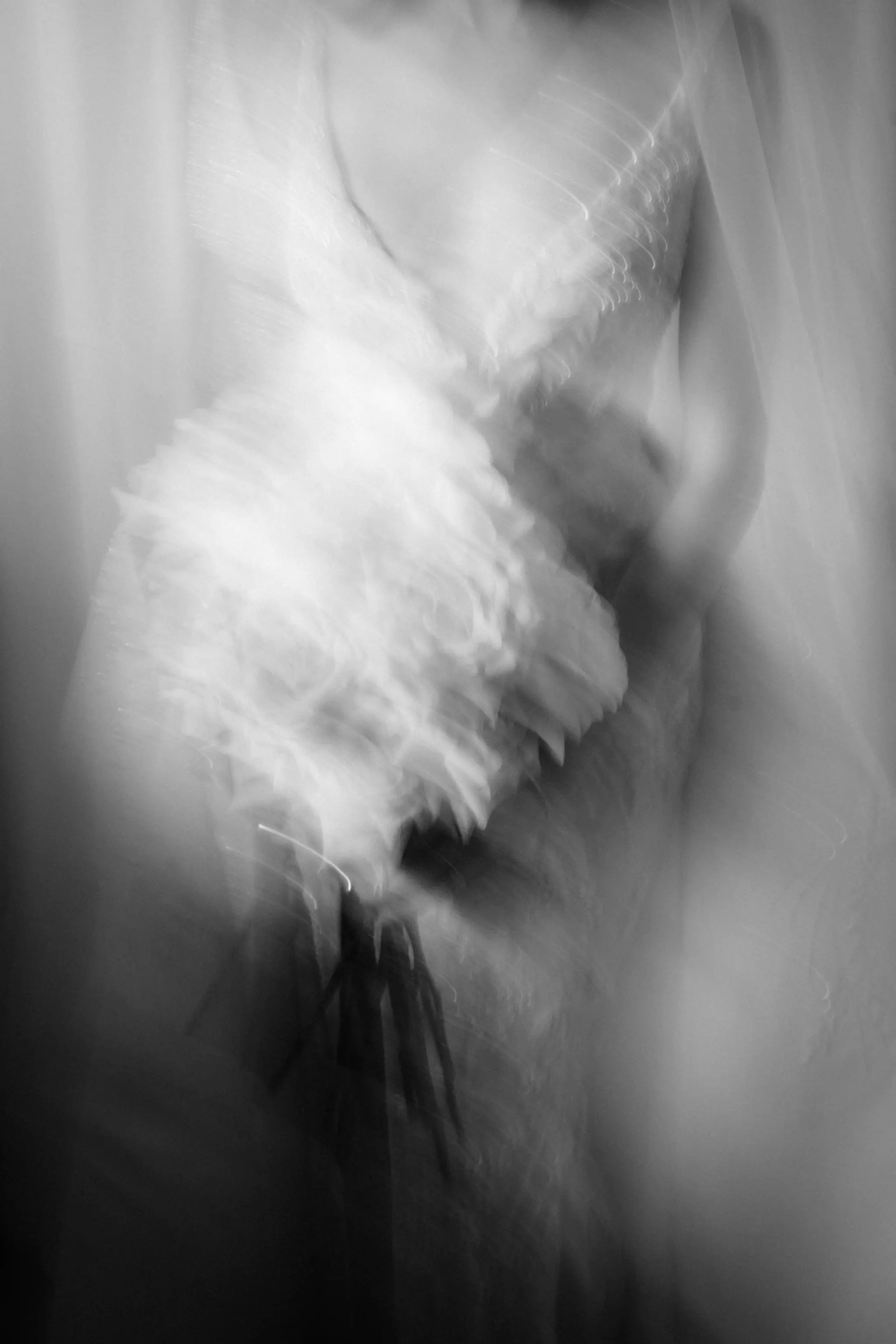 Motion-blurred detail of the bride's gown and veil, black and white