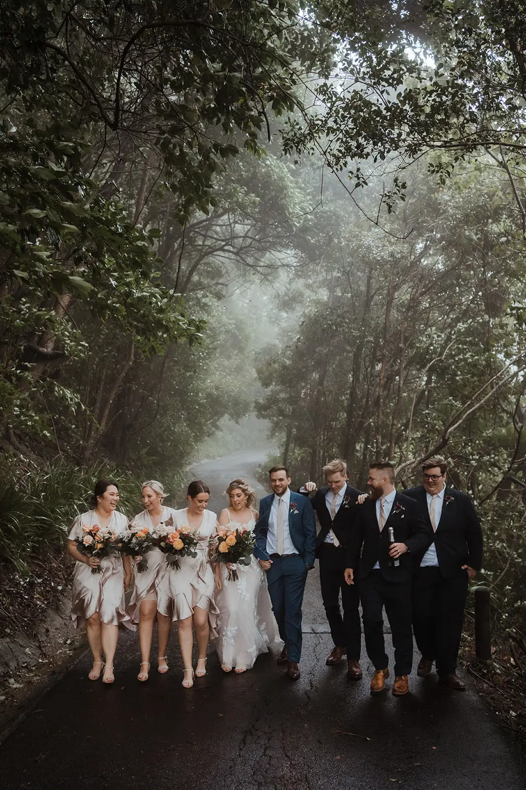 The wedding party on the rainforest drive in the rain, Maleny Manor