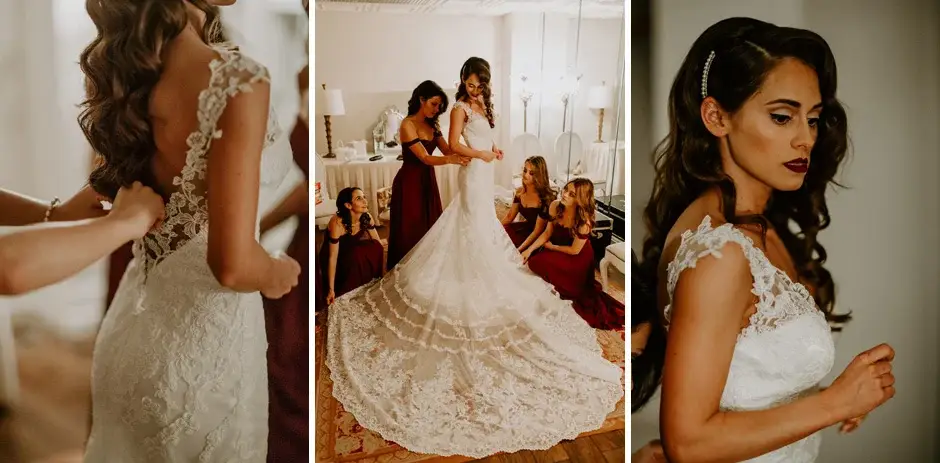 The back of the gown, the bridesmaids helping, and Amanda ready