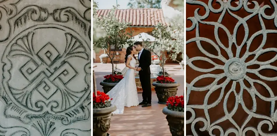 Tilework, the couple in the courtyard, and a carved rosette