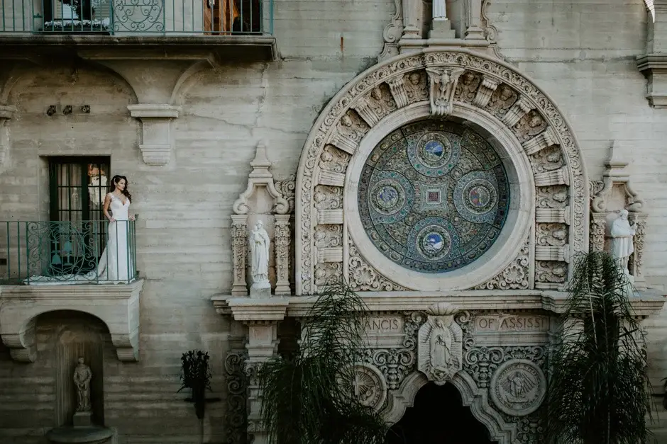 Amanda in a doorway beside the great rose window, Riverside