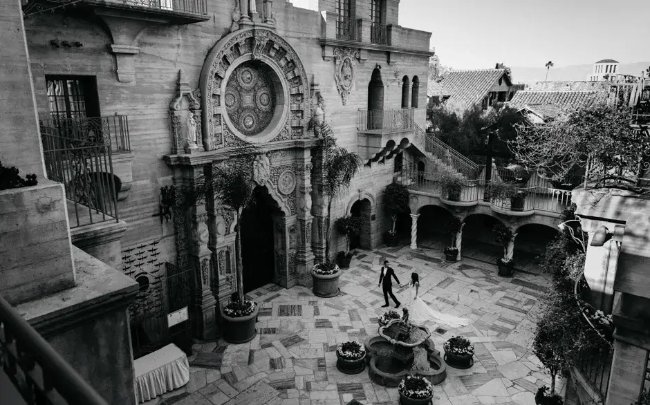 The Mission Inn courtyard and fountain from above, black and white