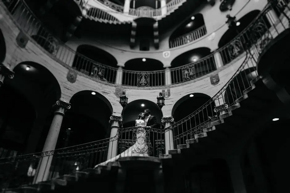 The Mission Inn rotunda and its galleries, black and white