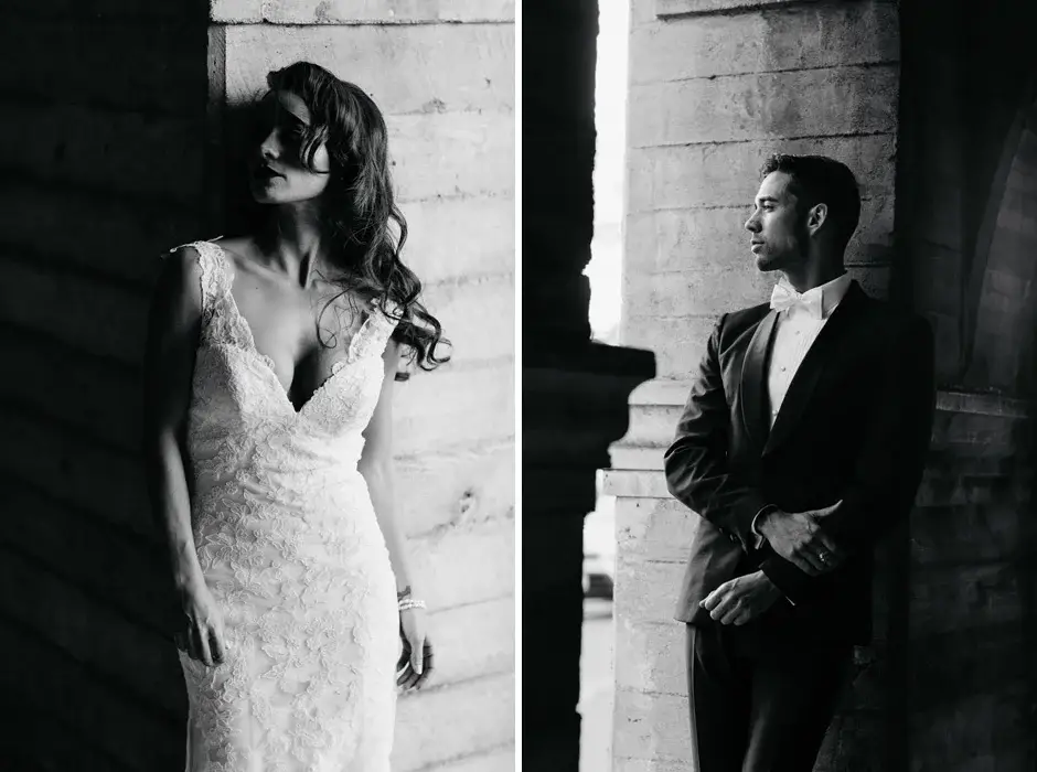 Amanda and Aaron in matching portraits against stone, black and white