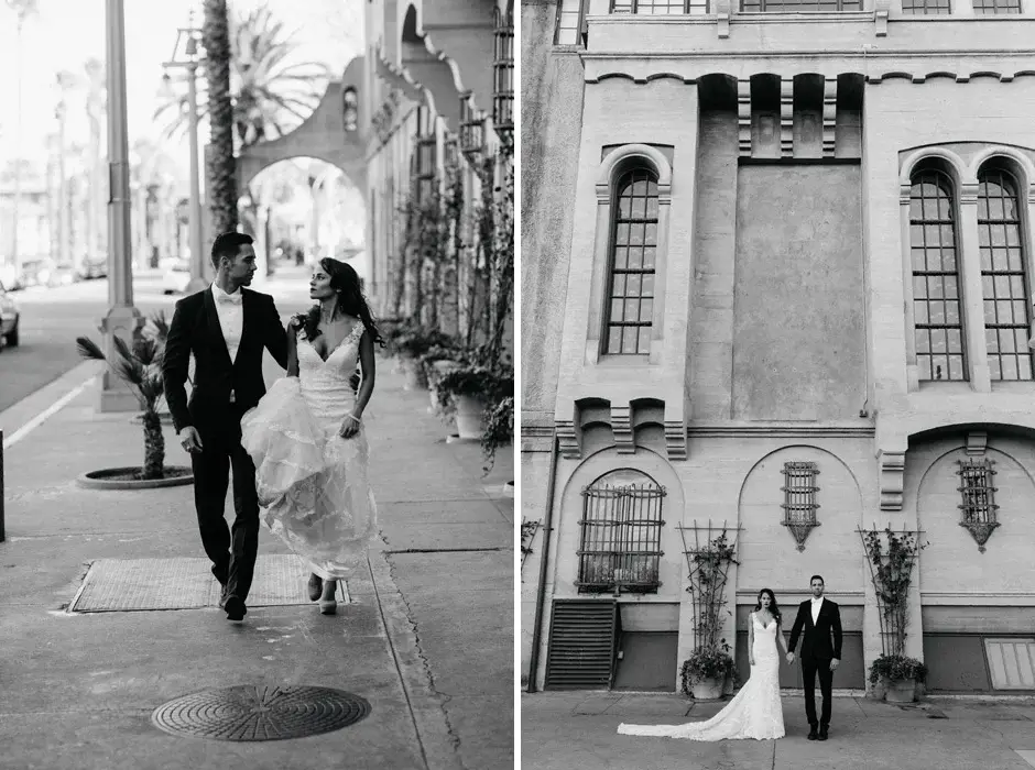 Walking the street, and Amanda alone before the facade, black and white