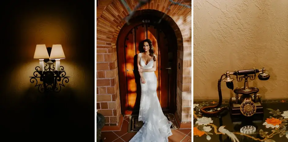 A wall lamp, Amanda in a lit archway, and an antique telephone