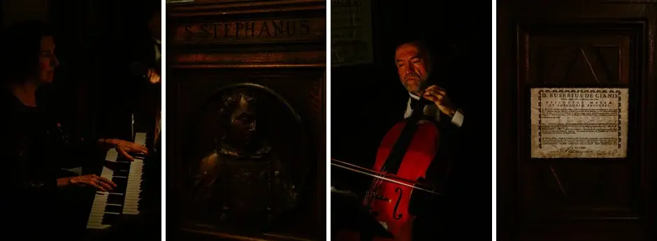The organist, the chapel walls, a cellist and a plaque, Riverside