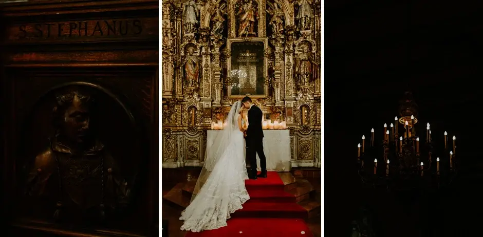 A gilded panel, the aisle, and candles in the chapel, Riverside