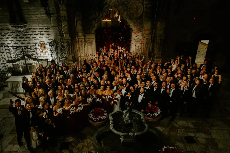 The courtyard full of guests seen from above at night, Riverside