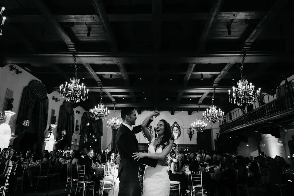 Amanda laughing on the dance floor, black and white, Riverside