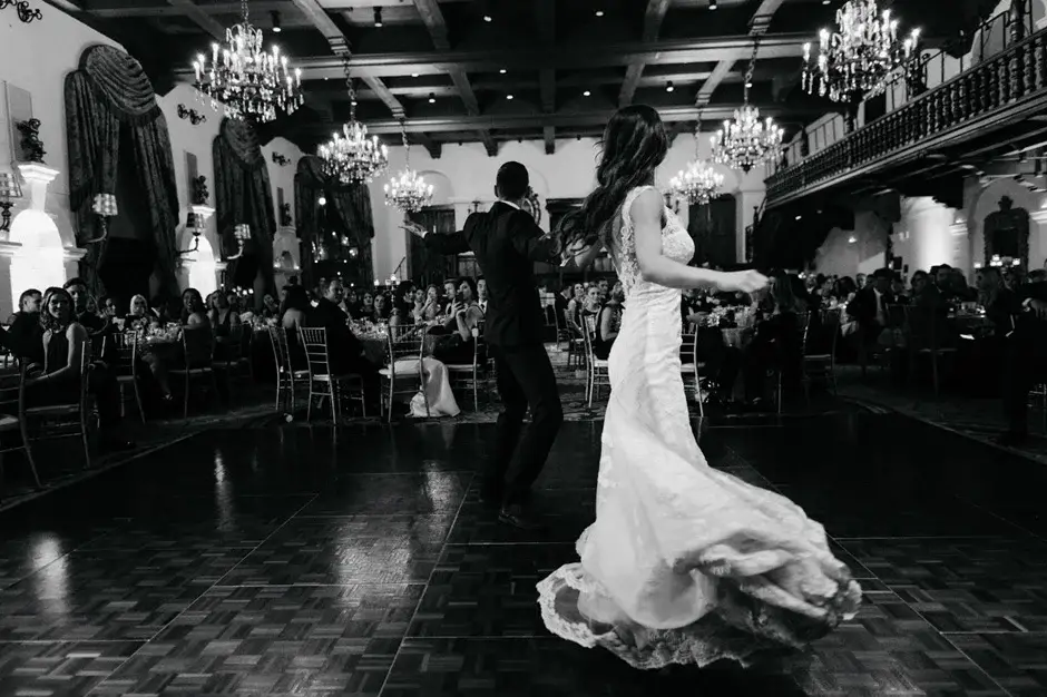 Amanda’s gown spinning on the ballroom floor, black and white