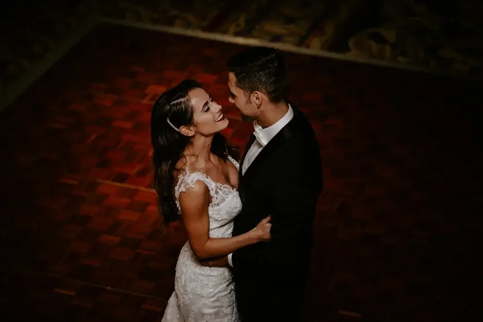 Aaron and Amanda dancing under the chandeliers, Riverside