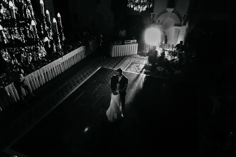 The ballroom from above during the dancing, black and white