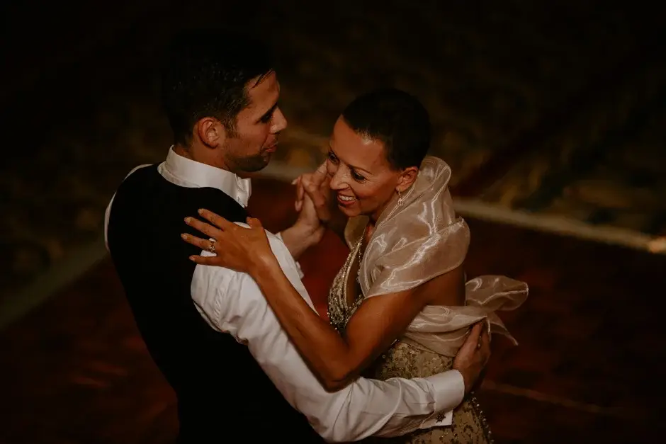 Aaron and Amanda dancing cheek to cheek, Riverside