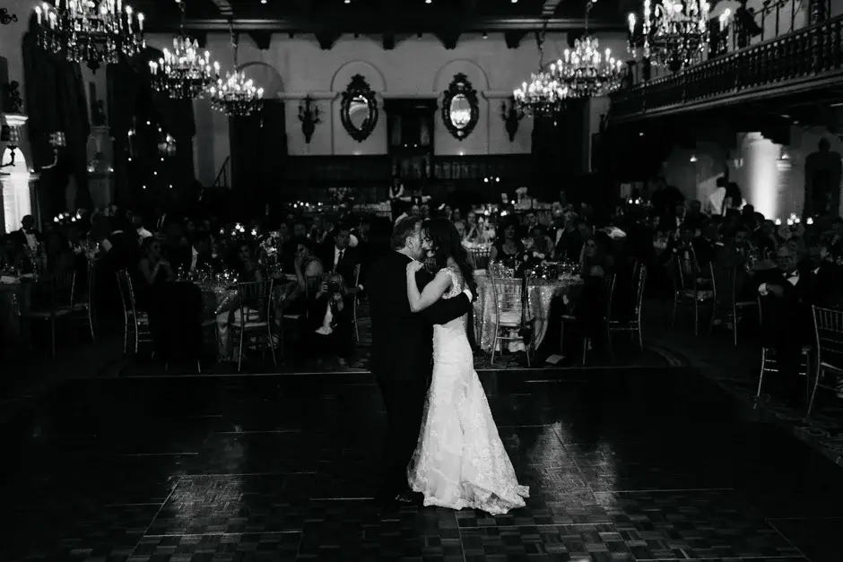 Amanda dancing on the empty floor, black and white, Riverside