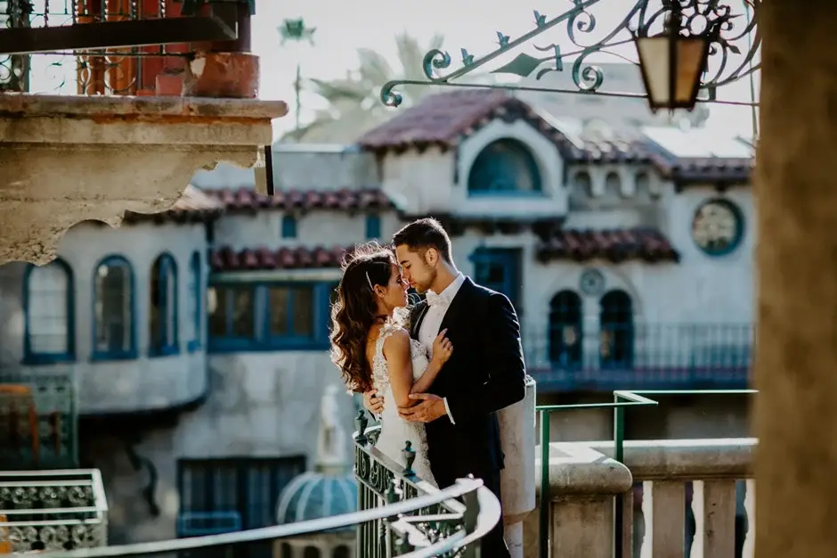 The two of them on the balcony above the courtyard, Riverside