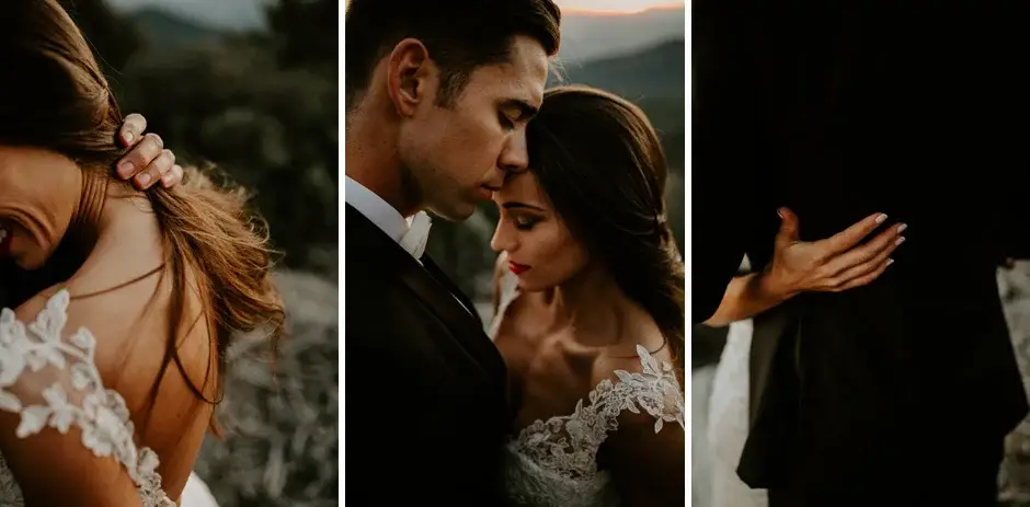 A detail of her gown, a kiss, and a hand on his jacket