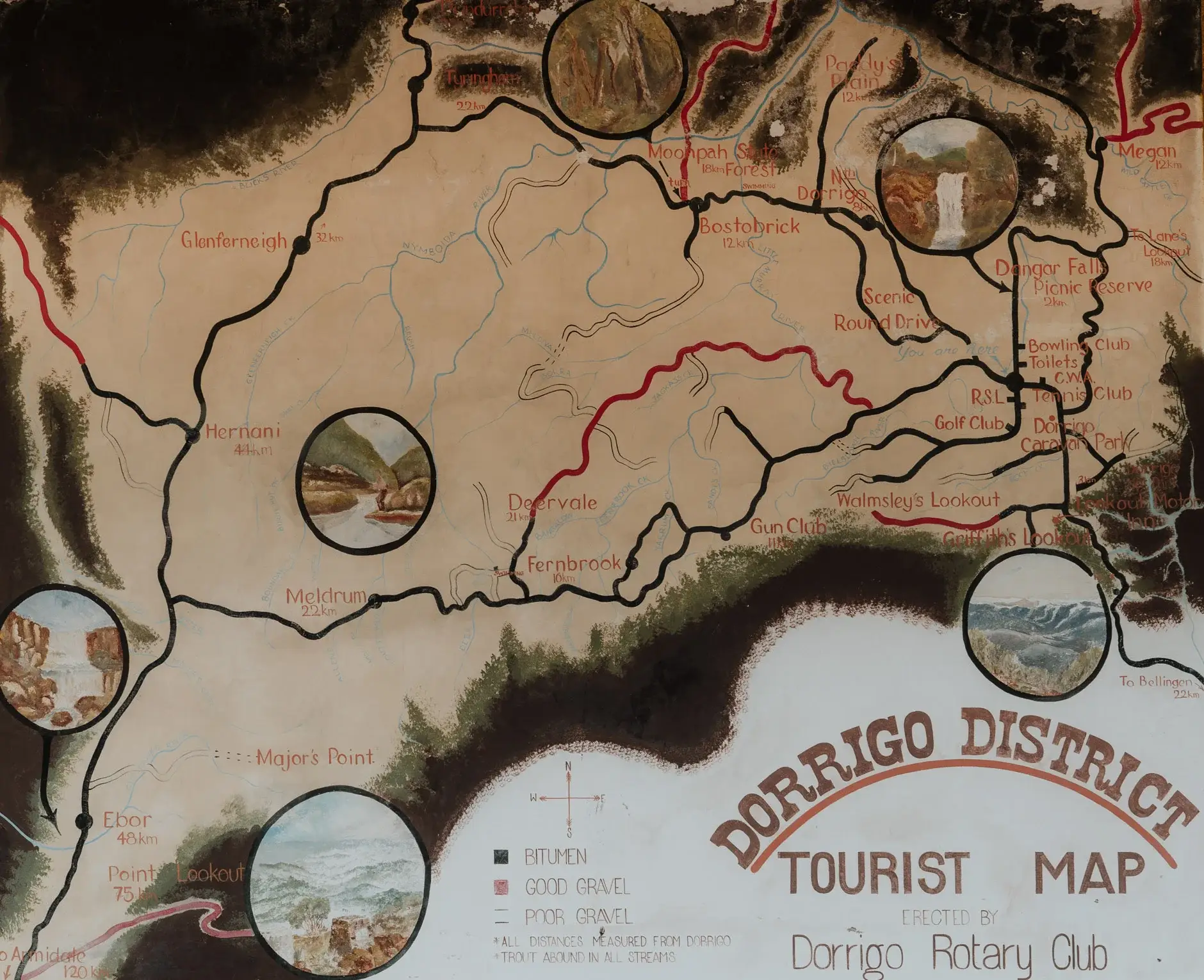 A Dorrigo District tourist map, worn and hand-marked