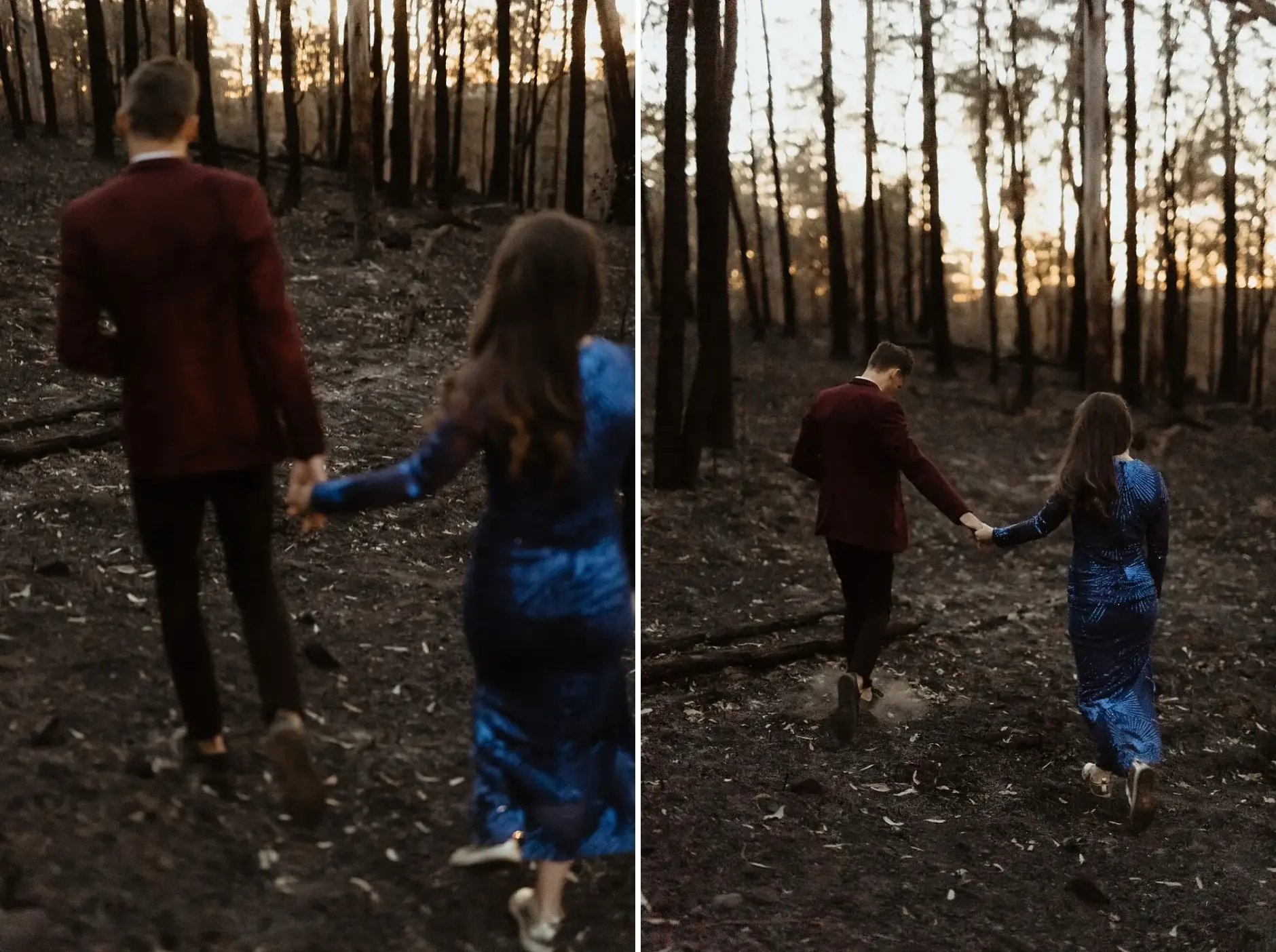 Walking hand in hand through the ash-covered forest floor, New England