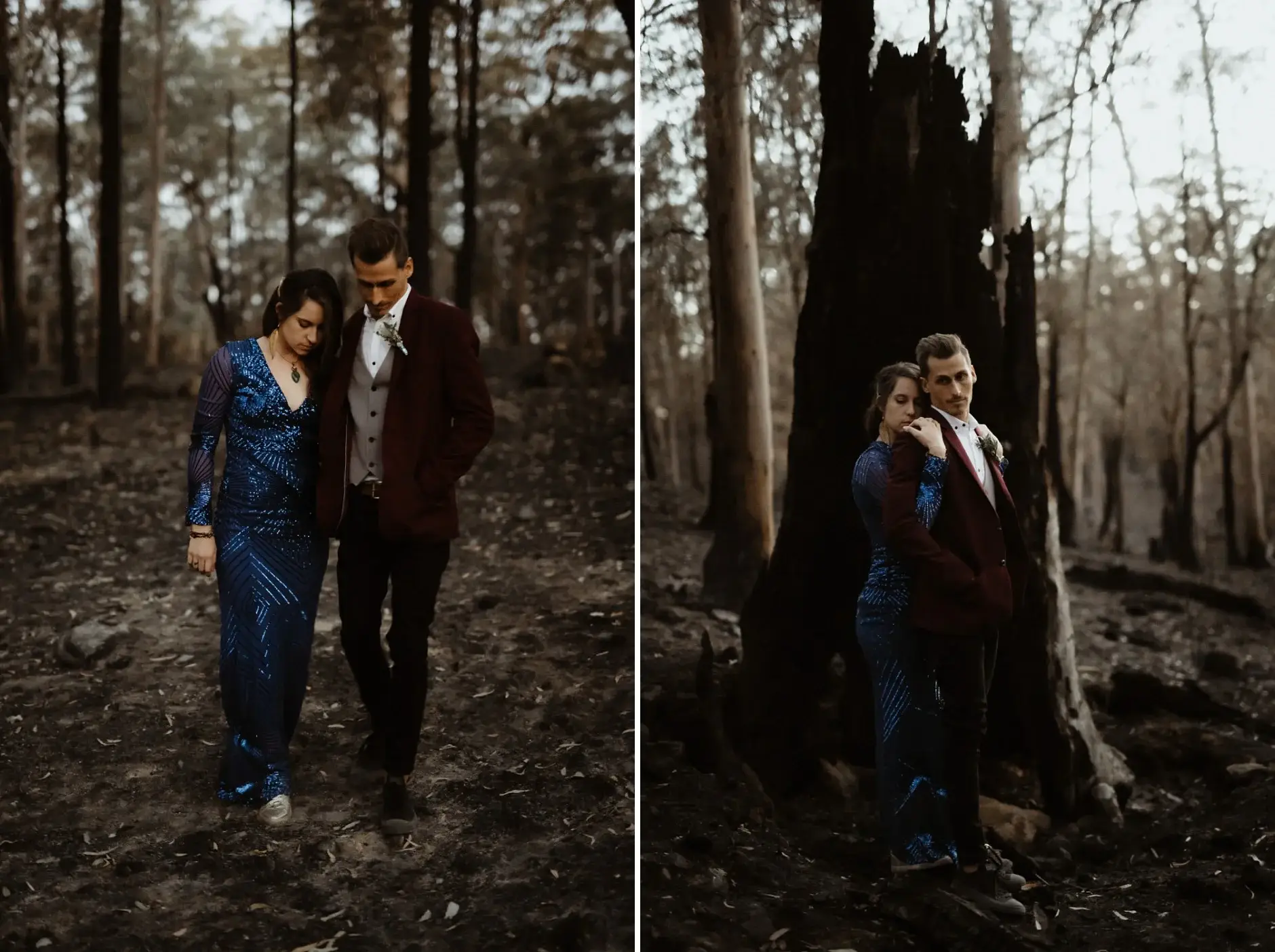 Jess and Drew walking among the scorched trunks, New England National Park