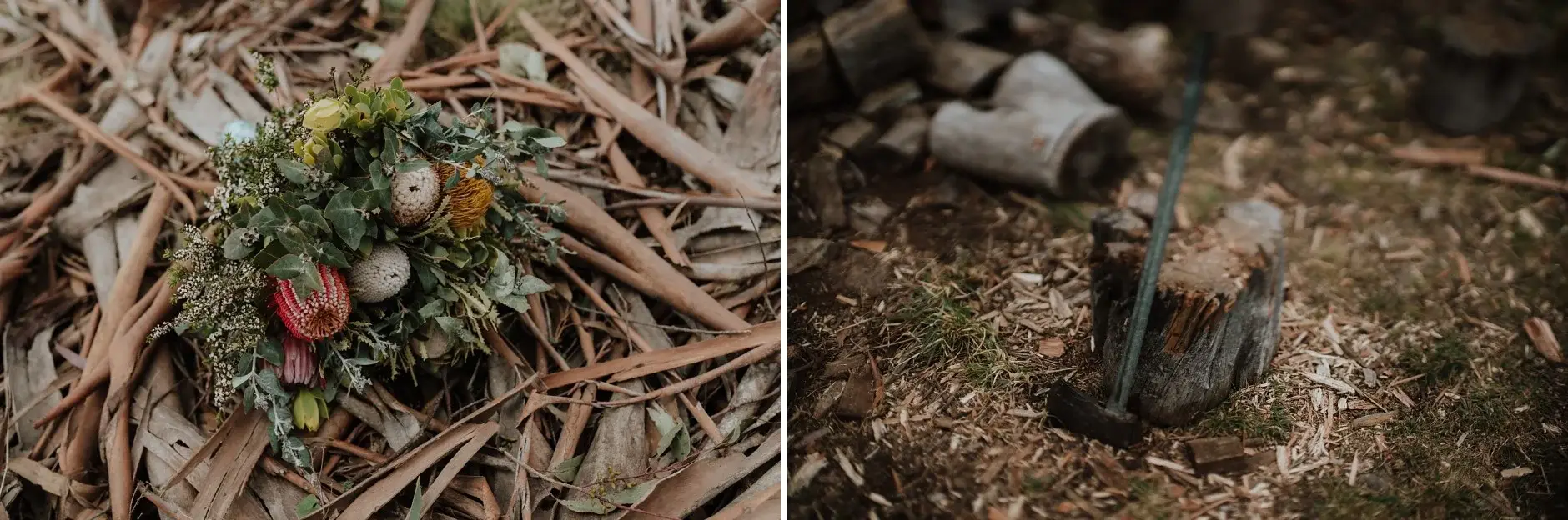 Jess’s bouquet lying on the forest floor, and a candle stub on a burnt stump