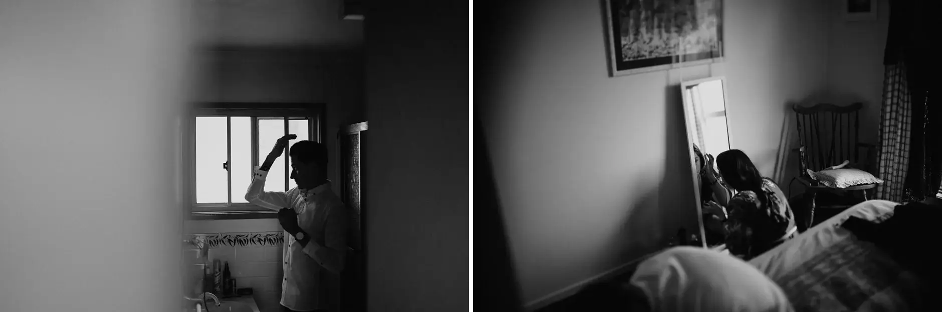 A dark doorway, and Jess resting on the bed before the ceremony
