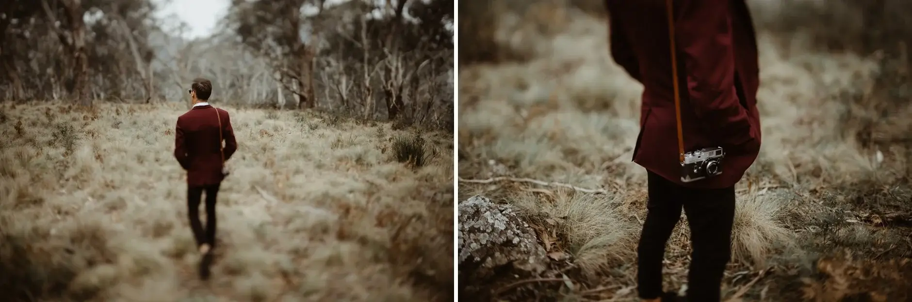 Drew walking away through dry grass, and a detail of his suit